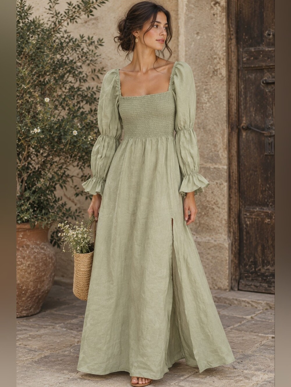 Reformation Linen Smocked Square-Neck Maxi Dress in Sage Green